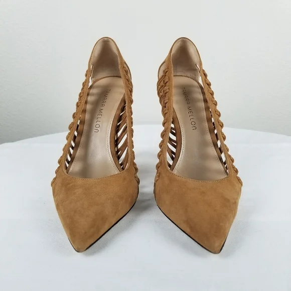 Tamara Mellon Tan Neutral Suede Braided Pointed Toe Pump Heels Size 8 - Picture 3 of 12